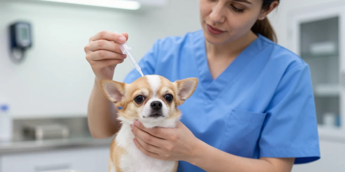 Veterinarian administering intranasal bordetella vaccine for dogs in a clinic setting