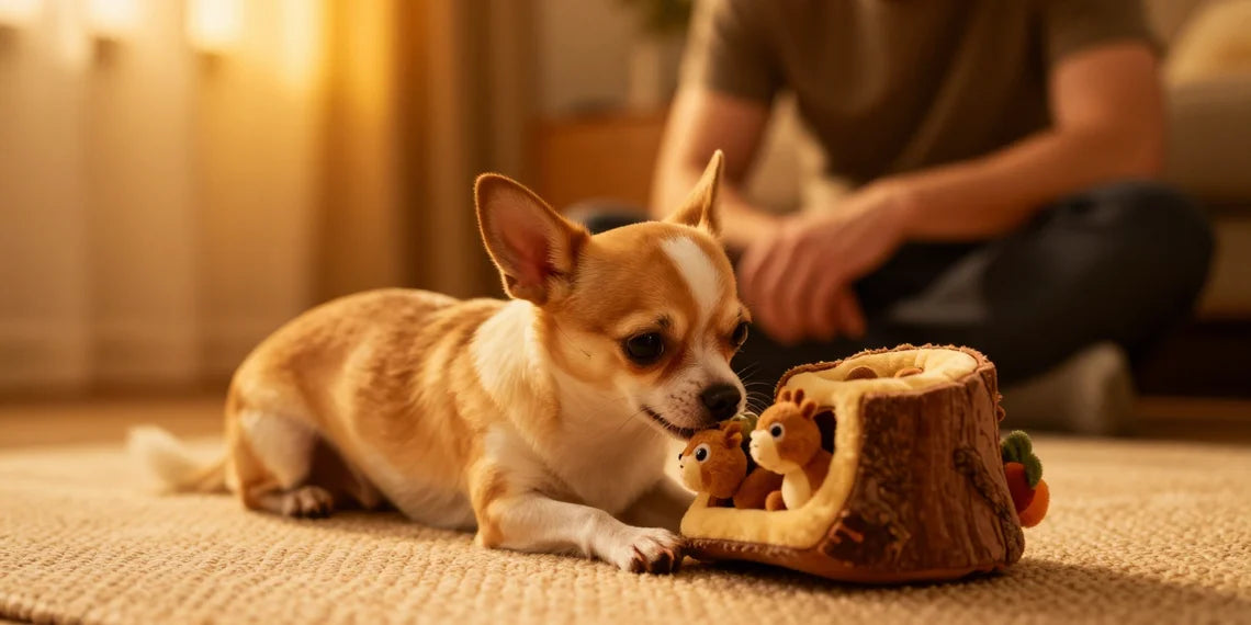 Chihuahua engaging with interactive puzzle plush toys for dog mental stimulation and brain training