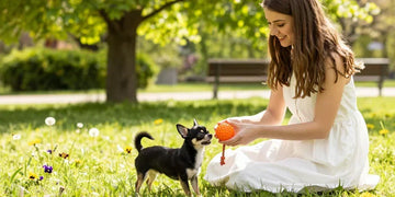 Young woman playing with a black and silver Chihuahua in a sunny park, gifts for dogs