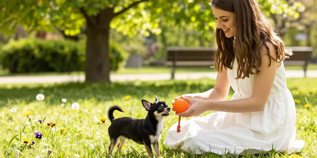 Young woman playing with a black and silver Chihuahua in a sunny park, gifts for dogs