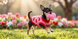 Chihuahua in Valentine's sweater, heart-shaped toy, sunny park, festive mood