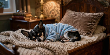 Cute chihuahua dogs sleeping in pajamas on cozy bed with warm blankets and pillows.