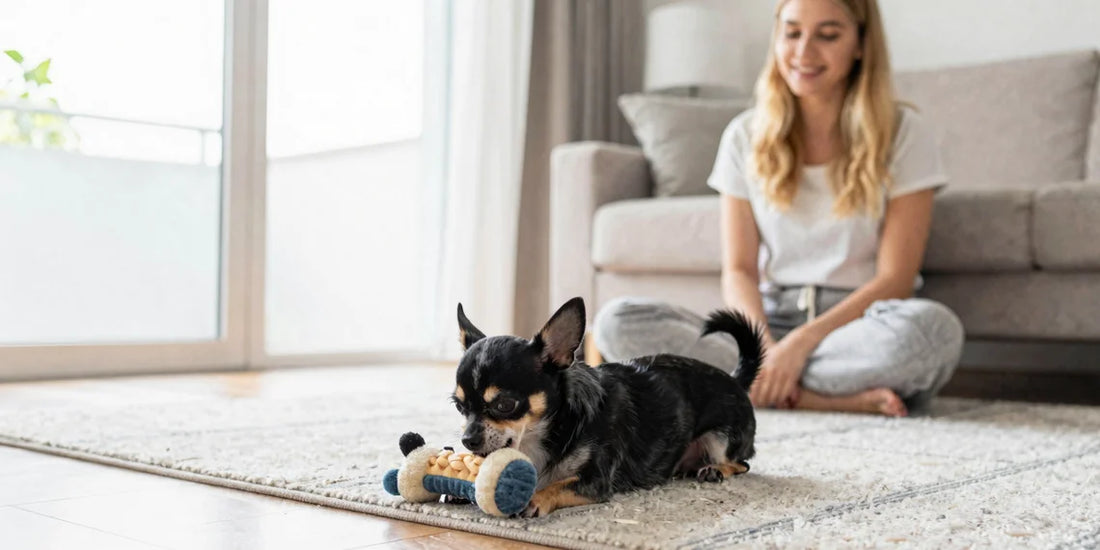 Chihuahua puppy chewing puppy teething toys on living room floor with owner
