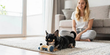 Chihuahua puppy chewing puppy teething toys on living room floor with owner