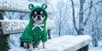 Chihuahua in green frog small dog costumes on winter city street.