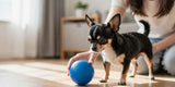 Chihuahua looking at safe blue latex balls for small dogs.