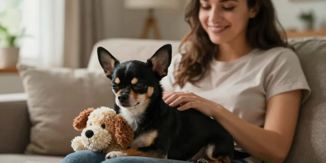 Realistic young woman holding a black and silver Chihuahua sleeping with a plush dog toy