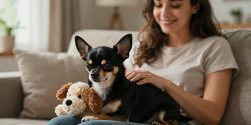 Realistic young woman holding a black and silver Chihuahua sleeping with a plush dog toy