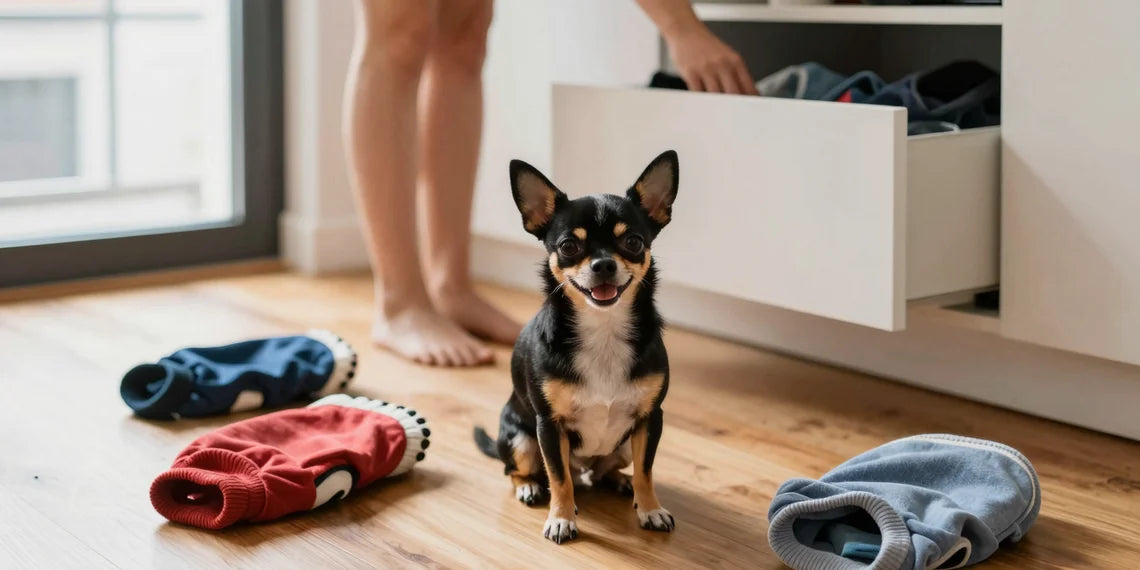 Chihuahua sitting amidst cluttered piles of ill-fitting clothes for dogs in small apartment