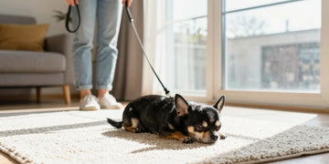 Owner holding leash looking at sleeping black silver chihuahua experiencing dog lethargy in spring