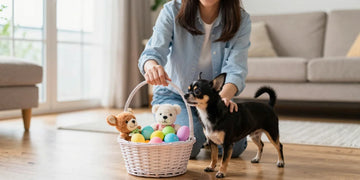 Young woman with her cute Chihuahua and Easter gifts for small dogs
