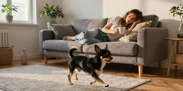 Tired owner on sofa watching high energy black and silver Chihuahua with bouncing dog toy
