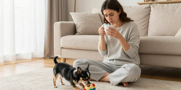 A happy dog playing with interactive mental stimulation toys in a cozy modern living room.