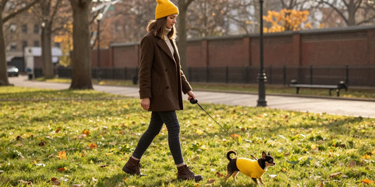 Stylish woman walking chihuahua in vibrant yellow dog outfit colors.