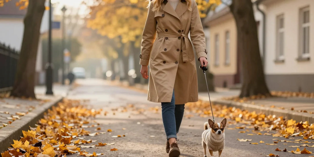 Stylish Caucasian woman walking chihuahua wearing cute small dog apparel on autumn street.