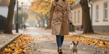Stylish Caucasian woman walking chihuahua wearing cute small dog apparel on autumn street.