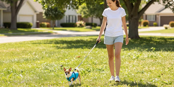 Young woman walking her small Chihuahua wearing a cooling vest in a sunny park.