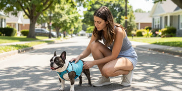 Young woman putting a cooling vest on her French Bulldog for summer walk.