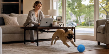 Young woman working from home with her dog playing with smart ball.