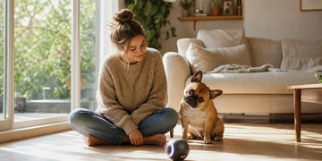 A smiling woman with her French Bulldog playing with smart dog training toys indoors.