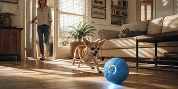 A happy chihuahua playing with a smart interactive dog ball in a living room.