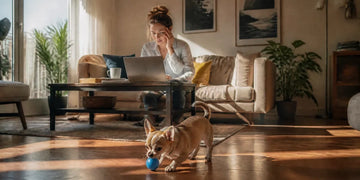 A woman working from home while her chihuahua plays with interactive dog training toys.