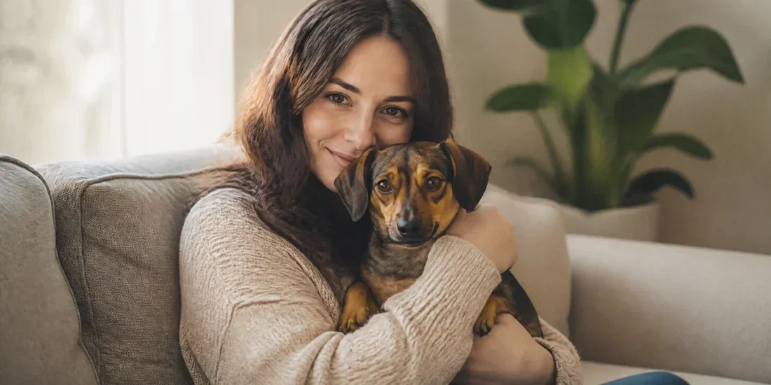 A happy woman cuddling her adorable Chiweenie dog on a cozy living room sofa.