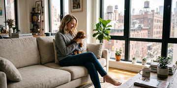 A young woman sitting on a cozy sofa holding her small teacup poodle.
