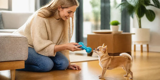 A happy woman playing with her Chihuahua using safe chihuahua dog toys indoors.