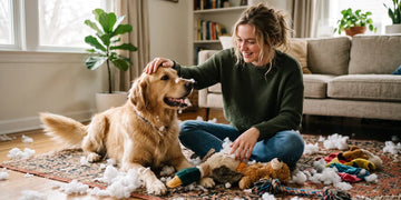 A woman cleaning up after her dog destroyed cheap plush dog toys.