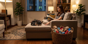 A peaceful evening at home with various quiet dog toys for dogs.
