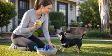 A woman playing with her dog using safe dog ball toys in park.