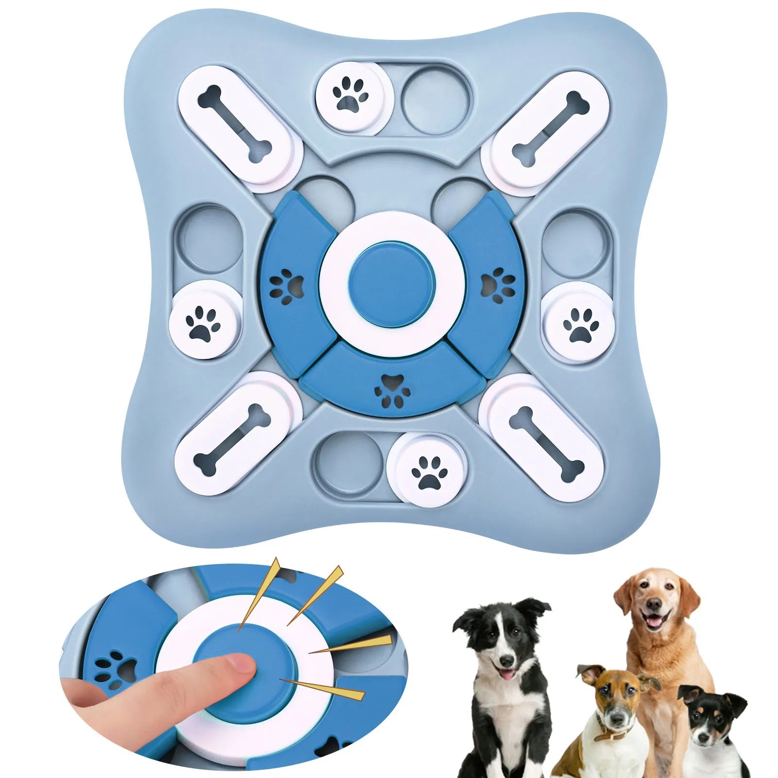 Top-down view of the blue and white interactive dog puzzle toy with bone sliders and a finger pressing the center squeaker.