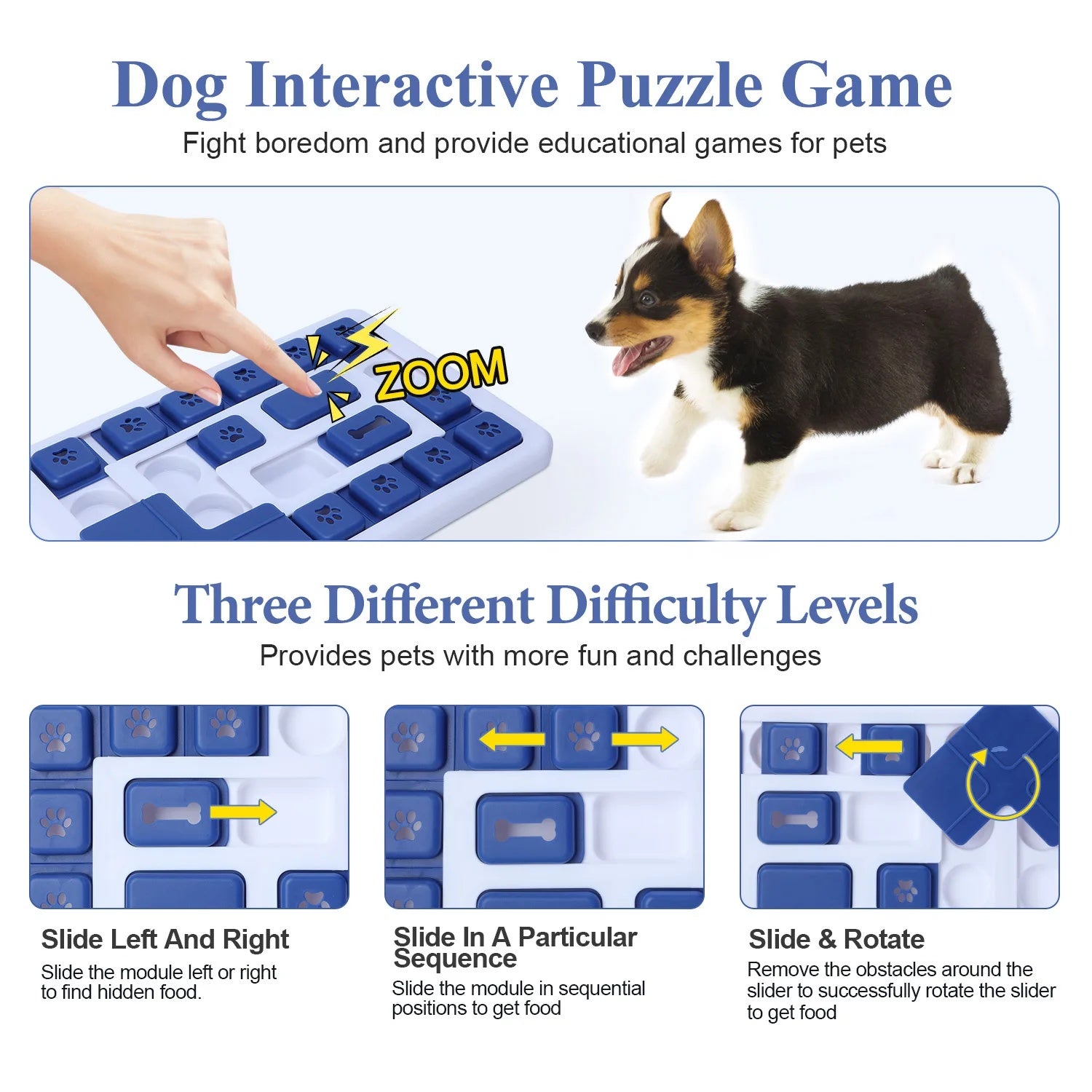 Graphic showing three difficulty levels of the interactive dog puzzle toy with sliding and rotating mechanisms.