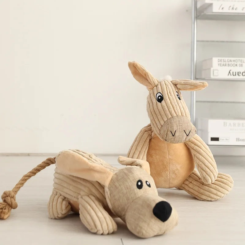 Pair of Gigletto corduroy plush dog toys including the beige donkey and dog styles.