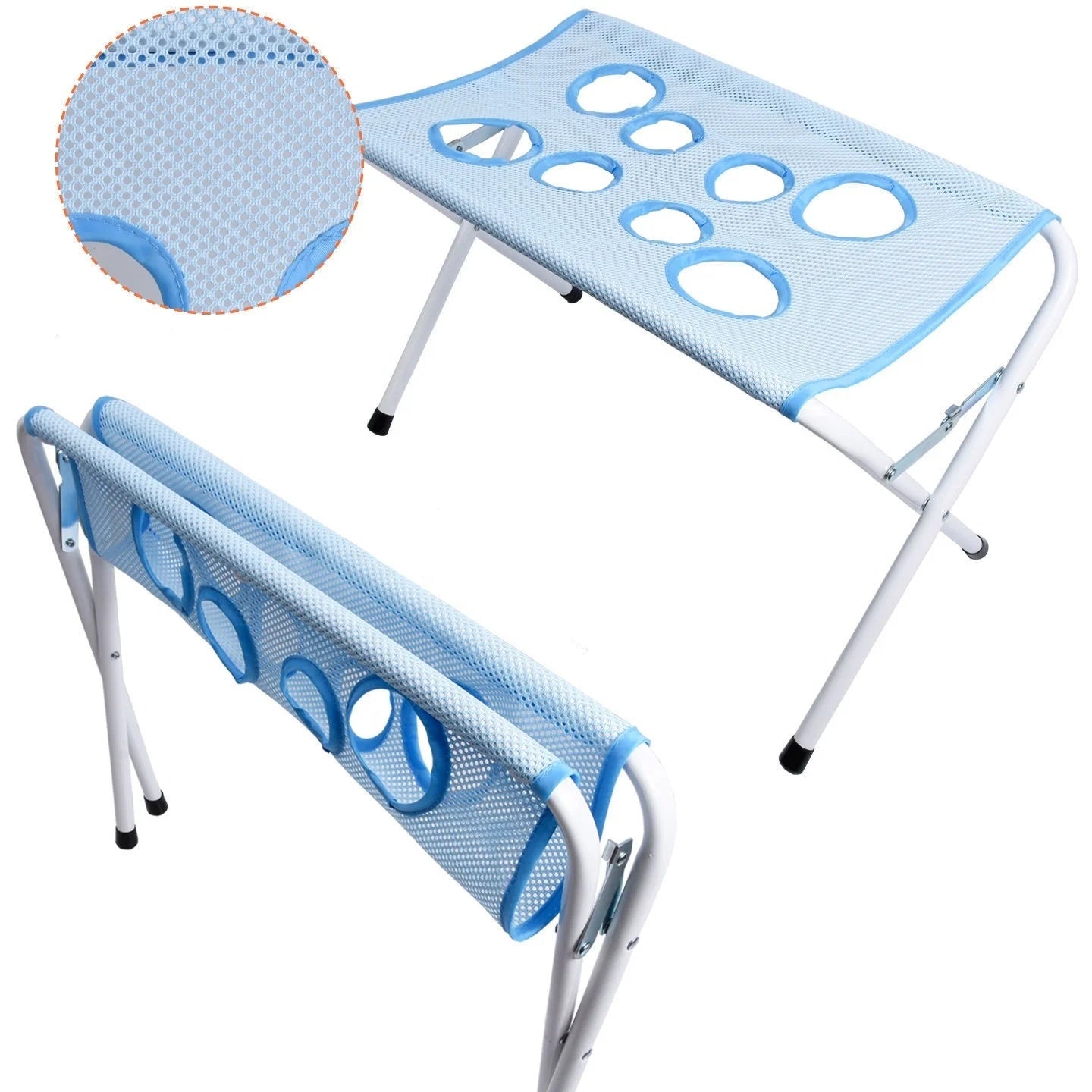 Folded and unfolded views of the space-saving blue pet grooming hammock stand, highlighting its portable design.