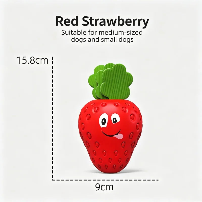 Dimension diagram of the red strawberry dog chew toy showing a height of 15.8cm and width of 9cm.