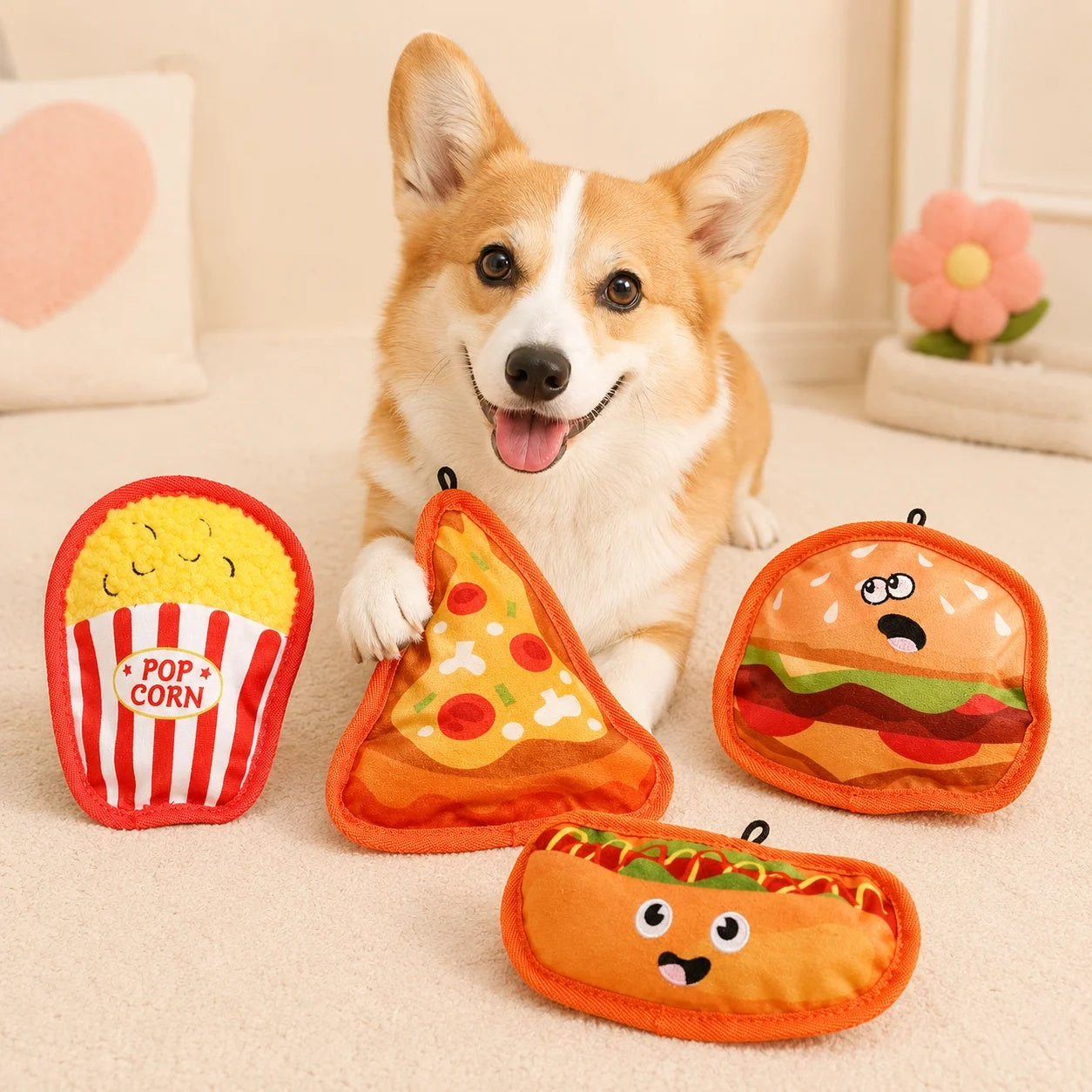 Small dog happily chewing on a soft burger squeaky toy, showing its lightweight and portable size.
