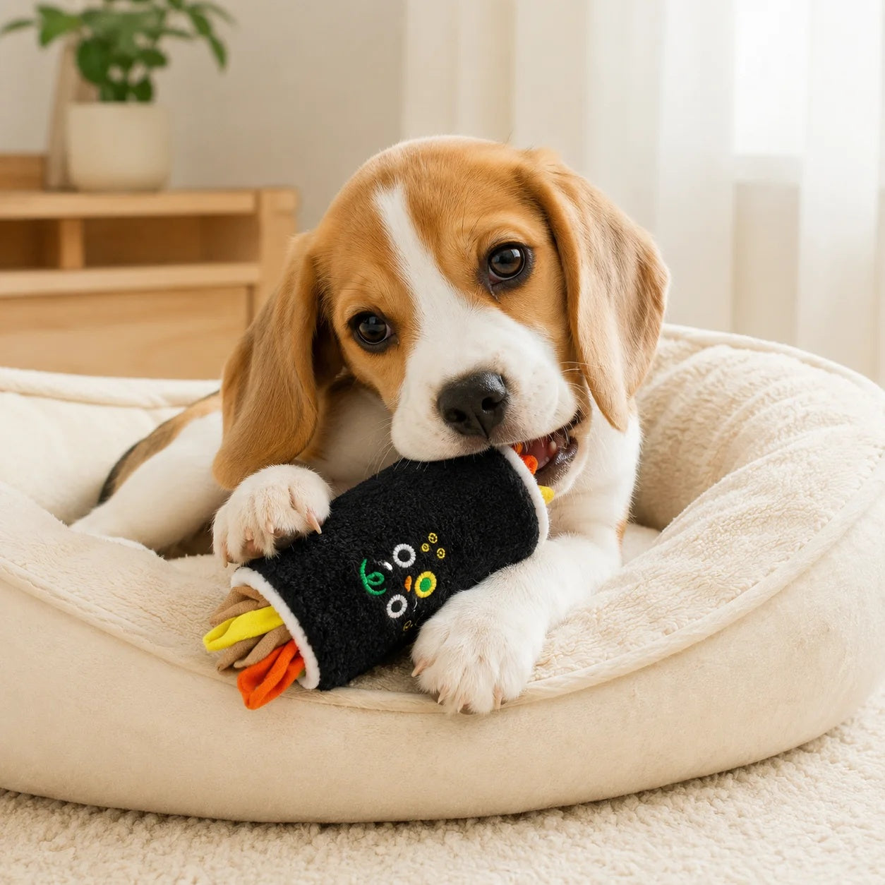 A cute beagle puppy lying in a beige dog bed, happily chewing on a rolled-up black plush seaweed sushi dog toy.