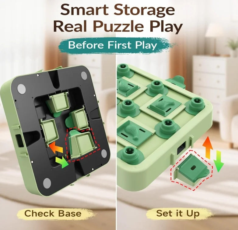 Diagram demonstrating how to set up the smart storage base of the interactive dog puzzle toy for mental stimulation.