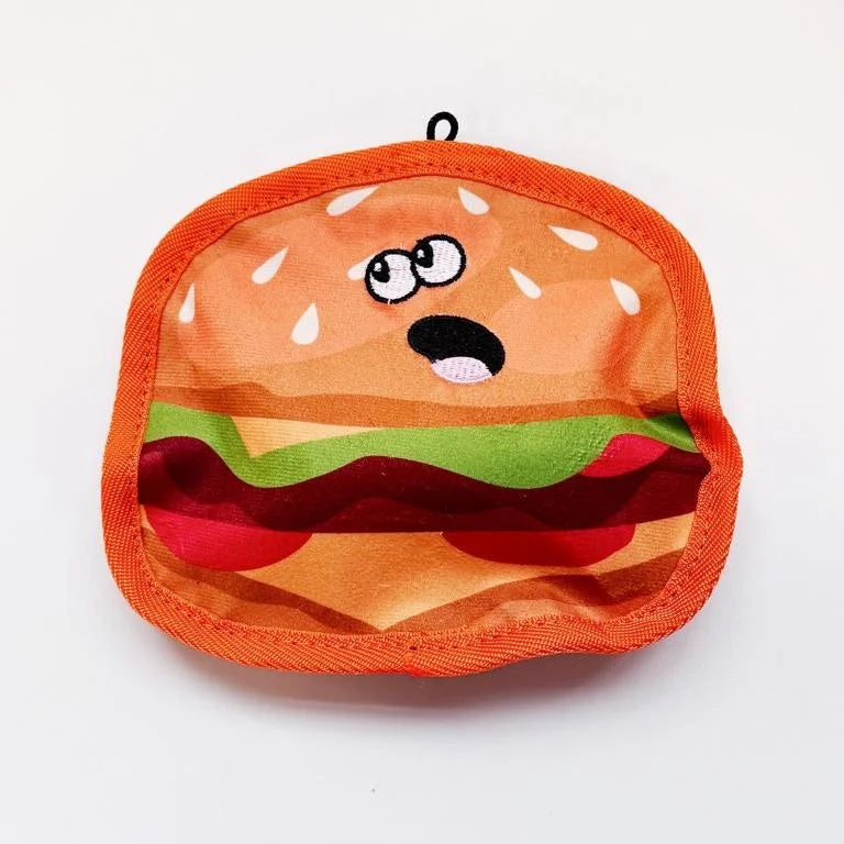 Cute hamburger plush dog toy with an embroidered surprised face, lettuce, and tomato layers.