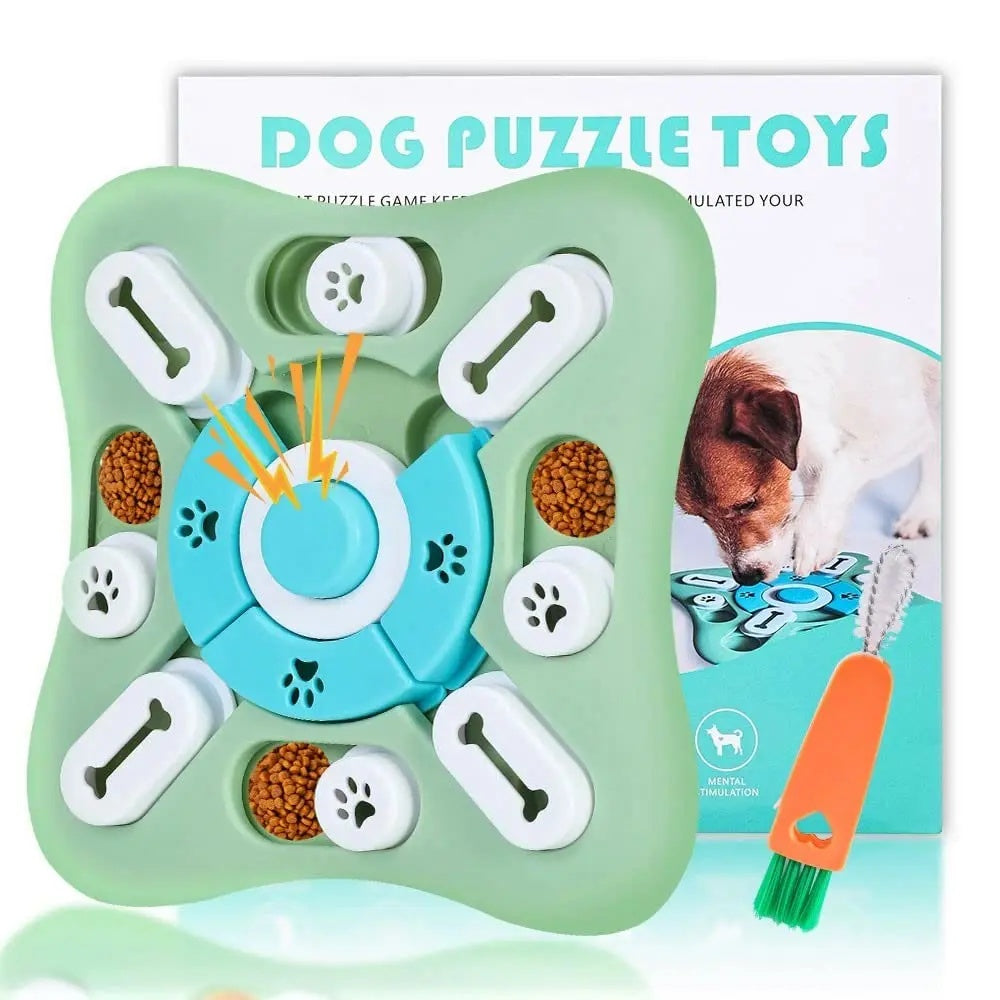 Orange interactive dog puzzle toy featuring white bone sliders and paw-print covers for slow feeding and IQ training.
