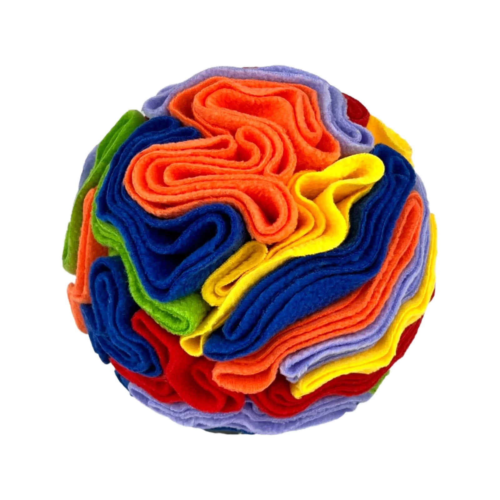 Bright rainbow-colored dog snuffle ball toy showcasing dense fleece layers for hiding treats