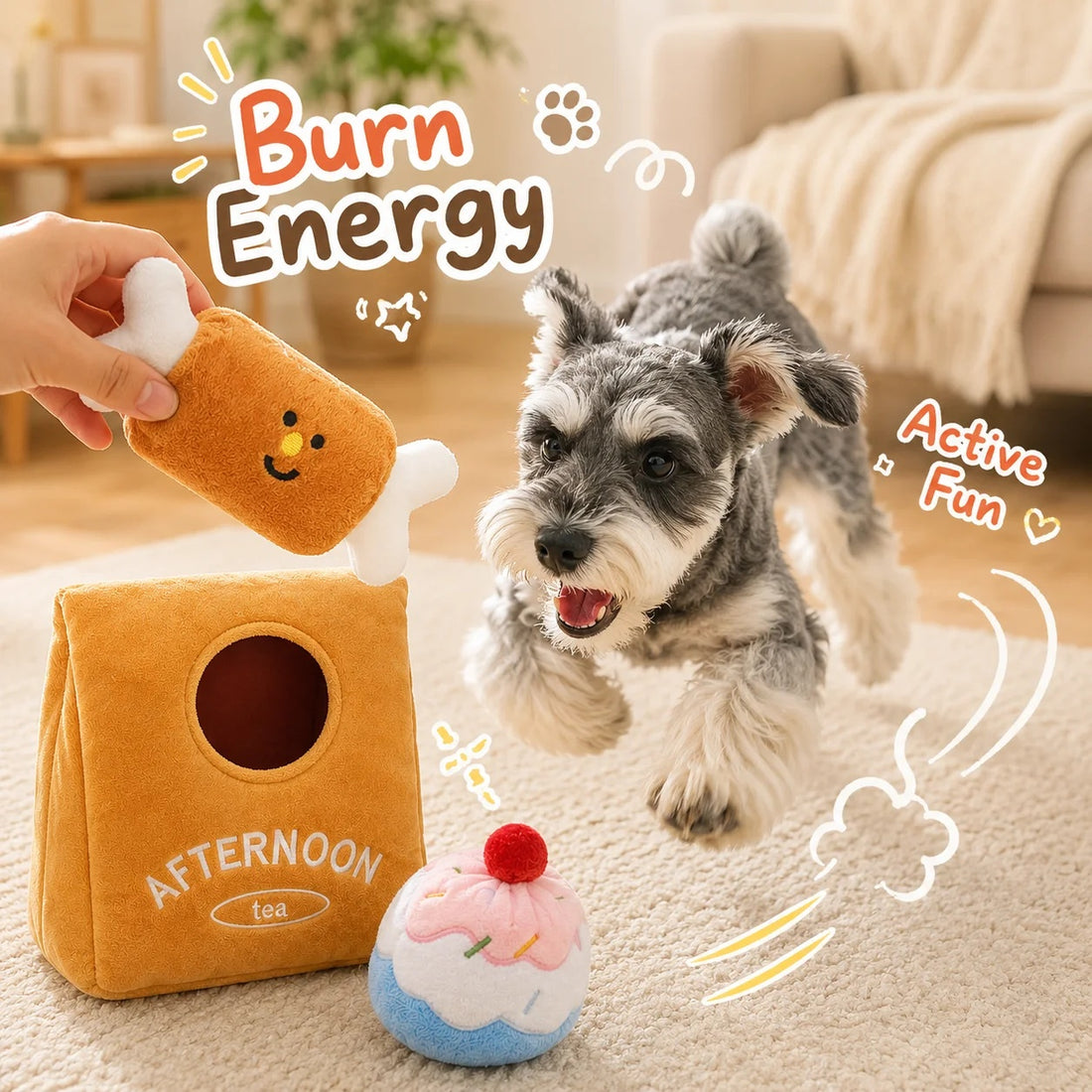 Happy Corgi chewing on a plush coffee cup toy next to an Afternoon Tea snuffle bag and croissant toy.