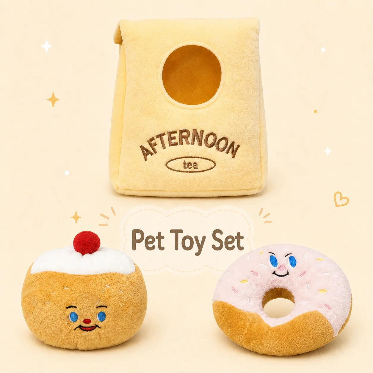 Plush bakery-themed dog squeaker toys from the Afternoon Tea collection on a soft cream background.
