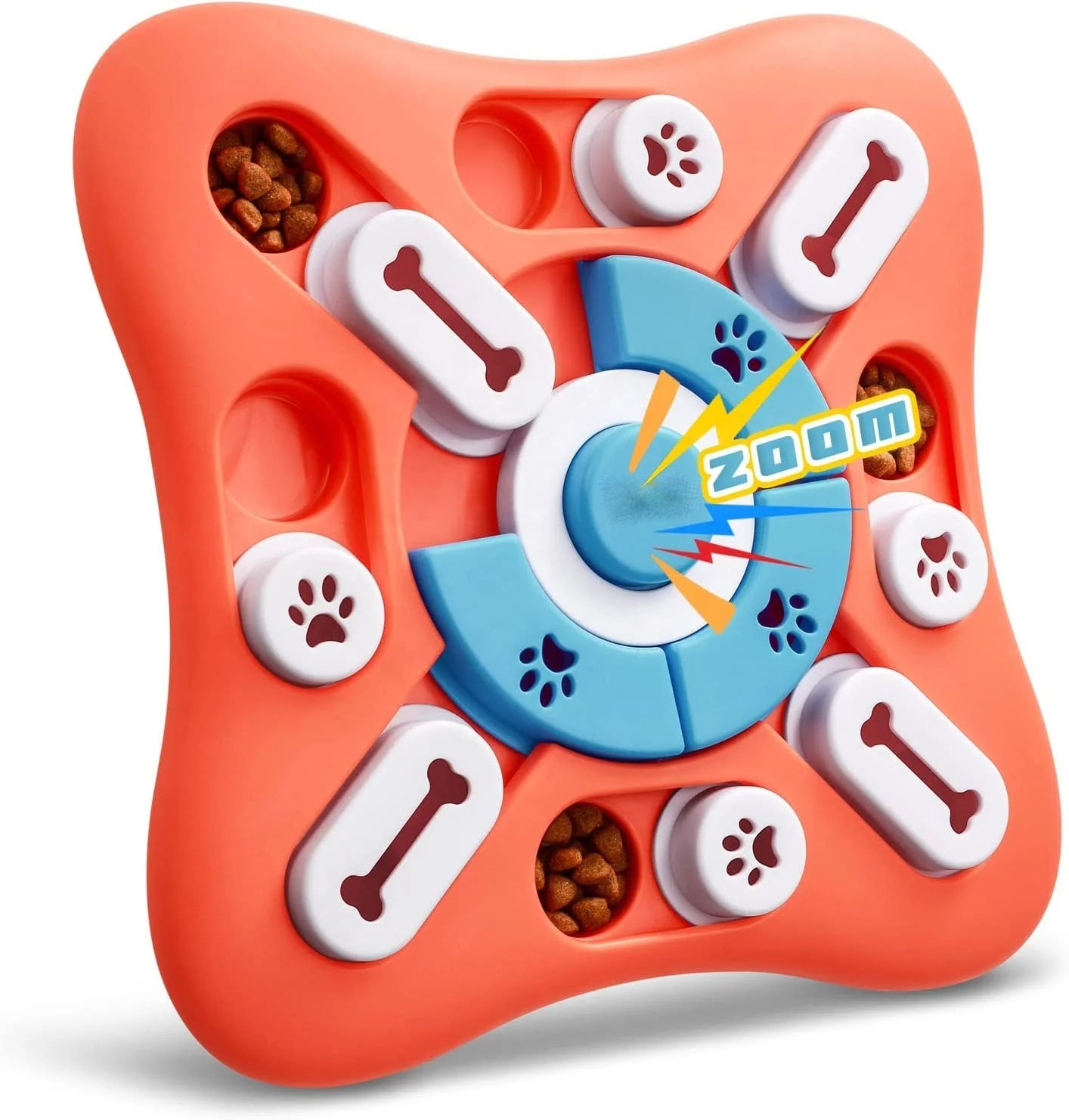Light red interactive dog treat dispenser toy with bone-shaped sliders for small and medium dogs.