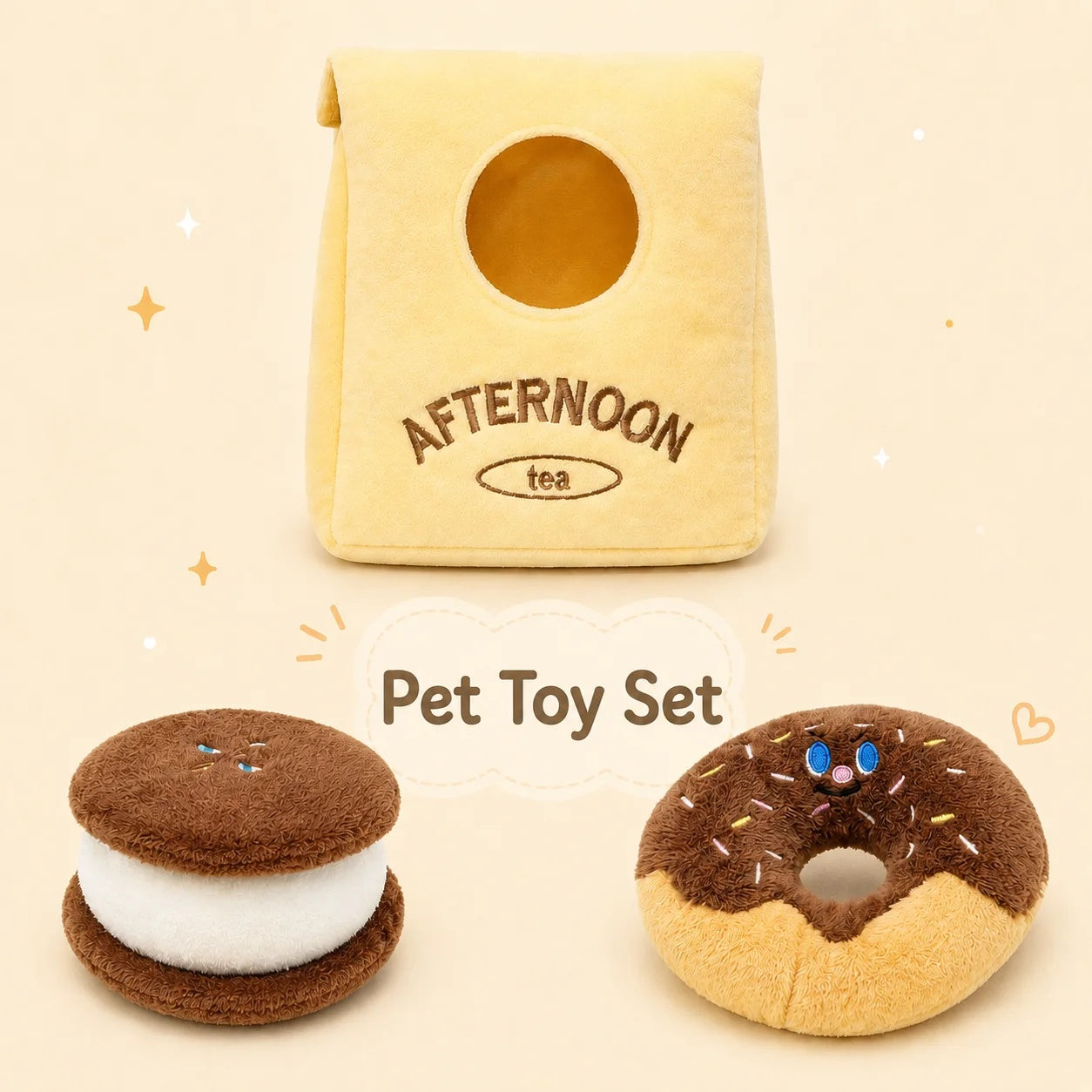 Afternoon Tea plush dog snuffle bag shown with a chocolate macaron cookie and sprinkled donut toy.