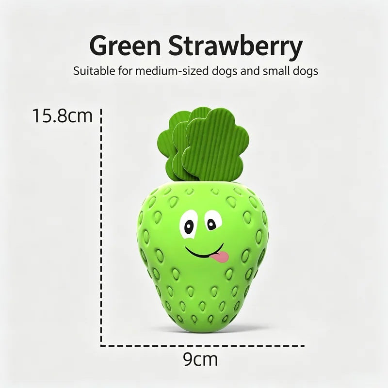 Close-up of the textured surface on the red strawberry rubber dog toy designed for dental health.