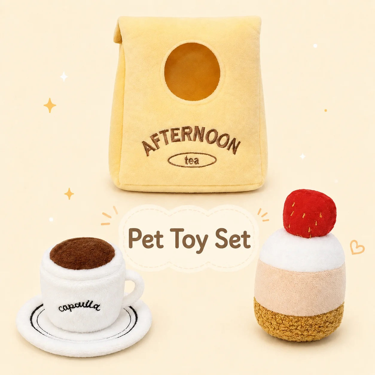 Afternoon Tea plush dog snuffle bag set with a white coffee cup toy and strawberry shortcake toy.