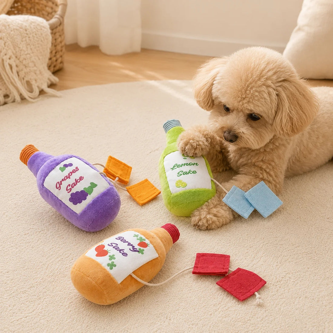 Cream poodle playing with a green Lemon Sake plush snuffle toy, pulling out blue felt treat tabs on a cozy rug.